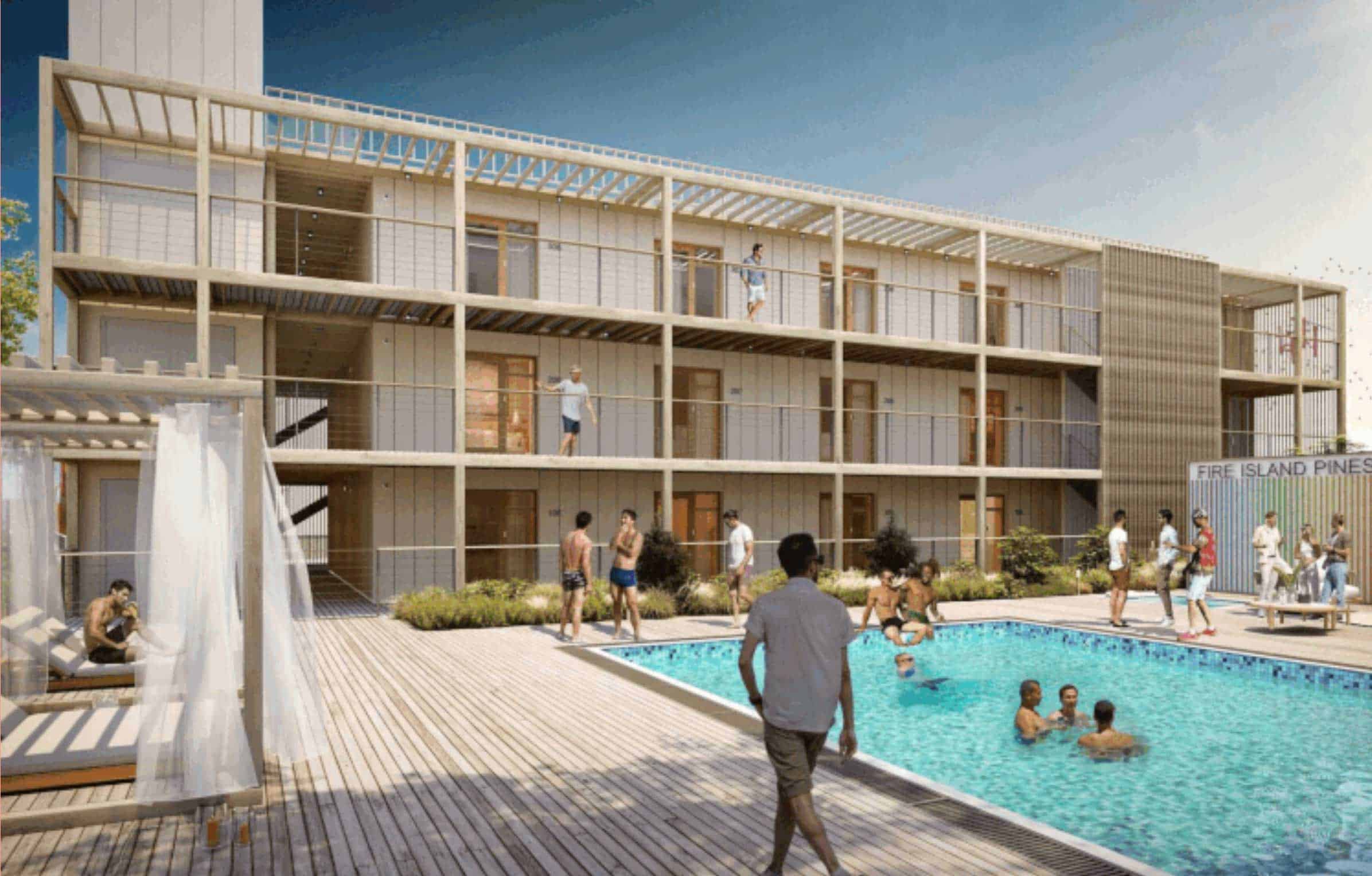 Stylish Fire Island hotel featuring pool, outdoor patios, and modern architecture.