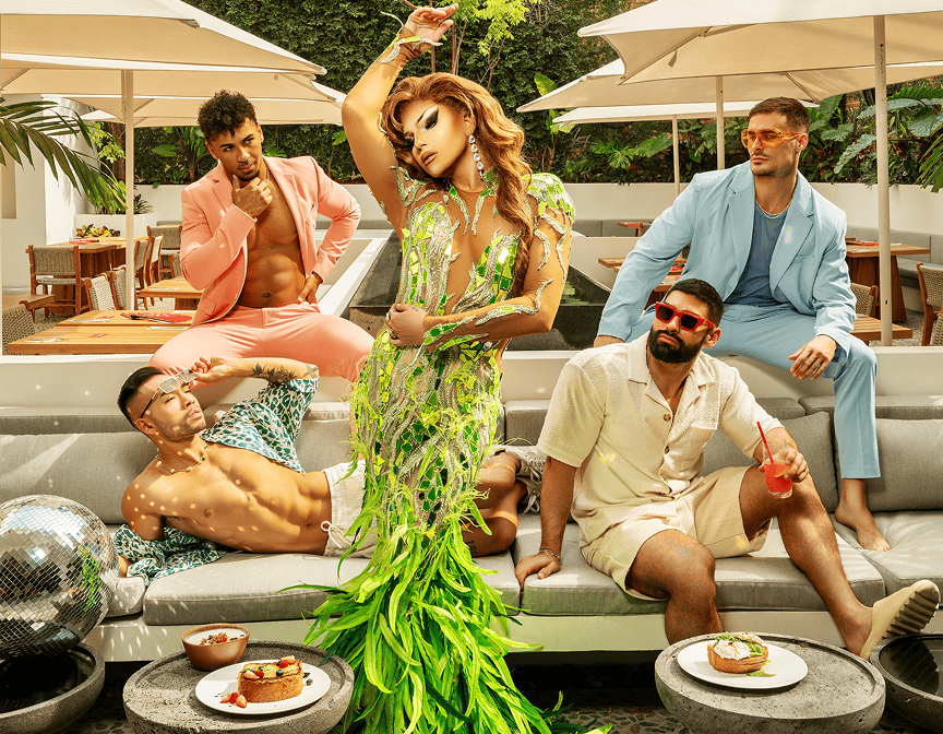 A lively poolside scene featuring stylishly dressed individuals enjoying a summer gathering.